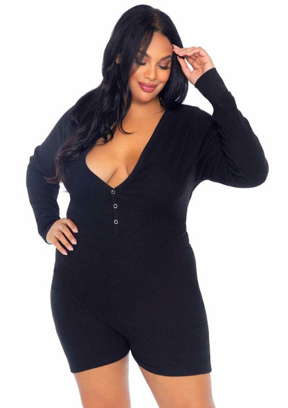 Leg Avenue Brushed Rib Romper Long Johns with Cheeky Snap Closure Back Flap - Black - 3XLarge/4XLarge/Queen