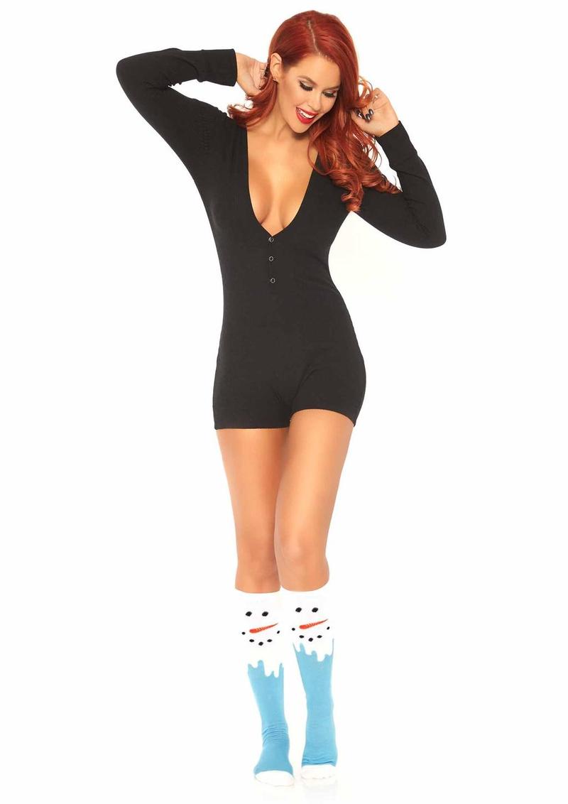 Leg Avenue Brushed Rib Romper Long Johns with Cheeky Snap Closure Back Flap - Black - Large/Medium