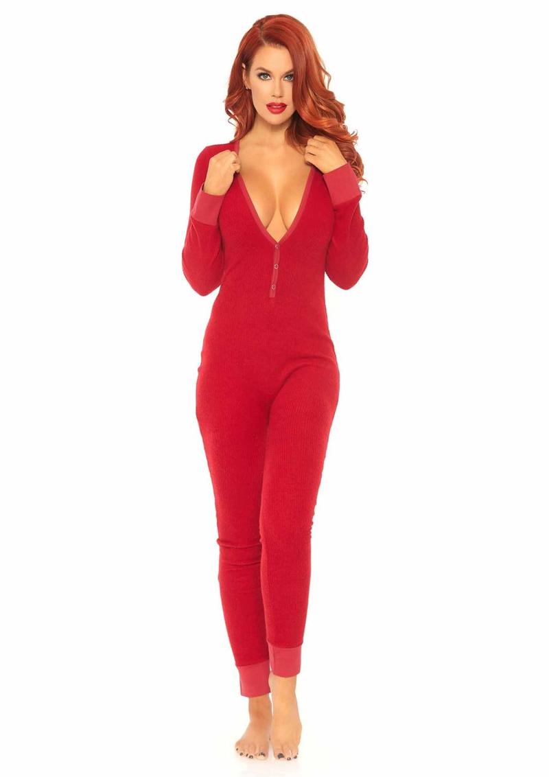 Leg Avenue Cozy Brushed Rib Long Johns with Cheeky Snap Closure Back Flap - Red - Medium/Small