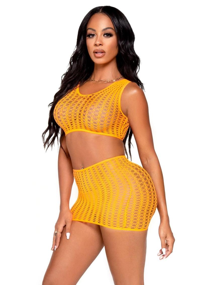 Leg Avenue Crochet Net Tank Crop Top and Mini Skirt - Neon Orange/Orange - One Size - 2 Pieces