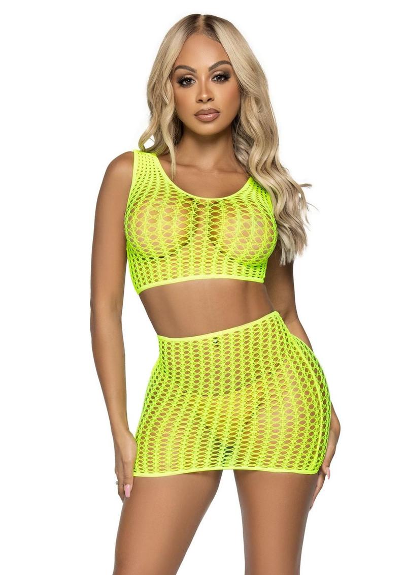 Leg Avenue Crochet Net Tank Crop Top and Mini Skirt - Neon Yellow/Yellow - One Size - 2 Pieces