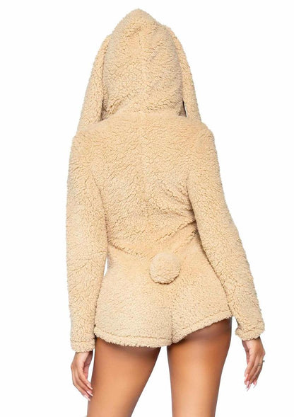 Leg Avenue Cuddle Bunny Ultra Soft Zip Up Teddy with Bunny Ear Hood and Cute Bunny Tail - Beige - Small