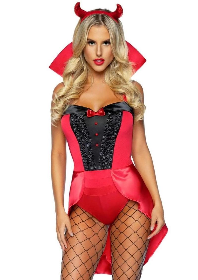 Leg Avenue Devilish Darling Tux and Tails Bodysuit with Stay Up Collar, Pin-On Devil Tail, and Sequin Devil Horn Headband