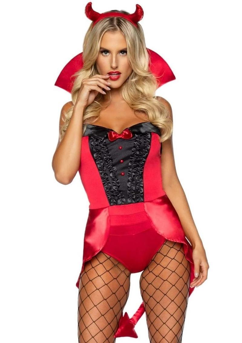 Leg Avenue Devilish Darling Tux and Tails Bodysuit with Stay Up Collar, Pin-On Devil Tail, and Sequin Devil Horn Headband - Red - XSmall - 3 Piece