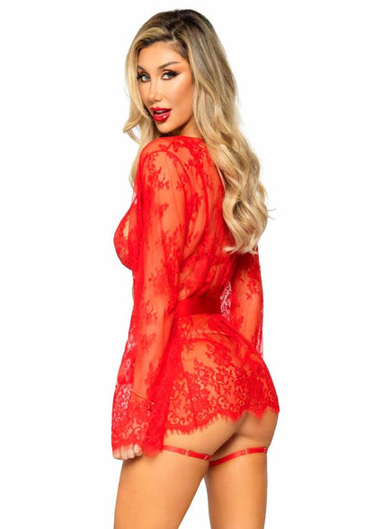 Leg Avenue Eyelash Lace Garter Teddy with G-String Back and Adjustable Straps, Lace Robe and Ribbon Tie - Red - Medium - 3 Pieces