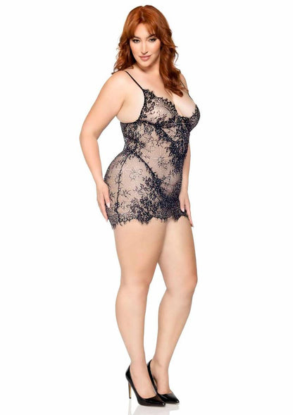 Leg Avenue Eyelash Lace Rhinestone Backless Mini Dress and G-String - Black - Queen/XLarge/XXLarge - 2 Pieces