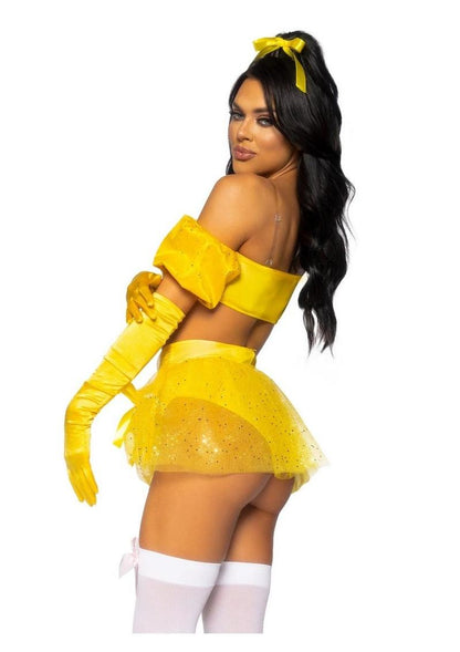 Leg Avenue Fairytale Beauty Glitter Shimmer Bra Top with Gathered Rosette Center and Puff Sleeves, High Waist Panty with Ribbon Pick-Up Skirt, Removable Clear Straps, and Matching Hair Ribbon