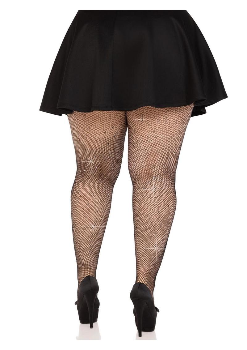 Leg Avenue Fishnet Crystalized Tights with Multi-Sized Iridescent Rhinestones - Plus Size
