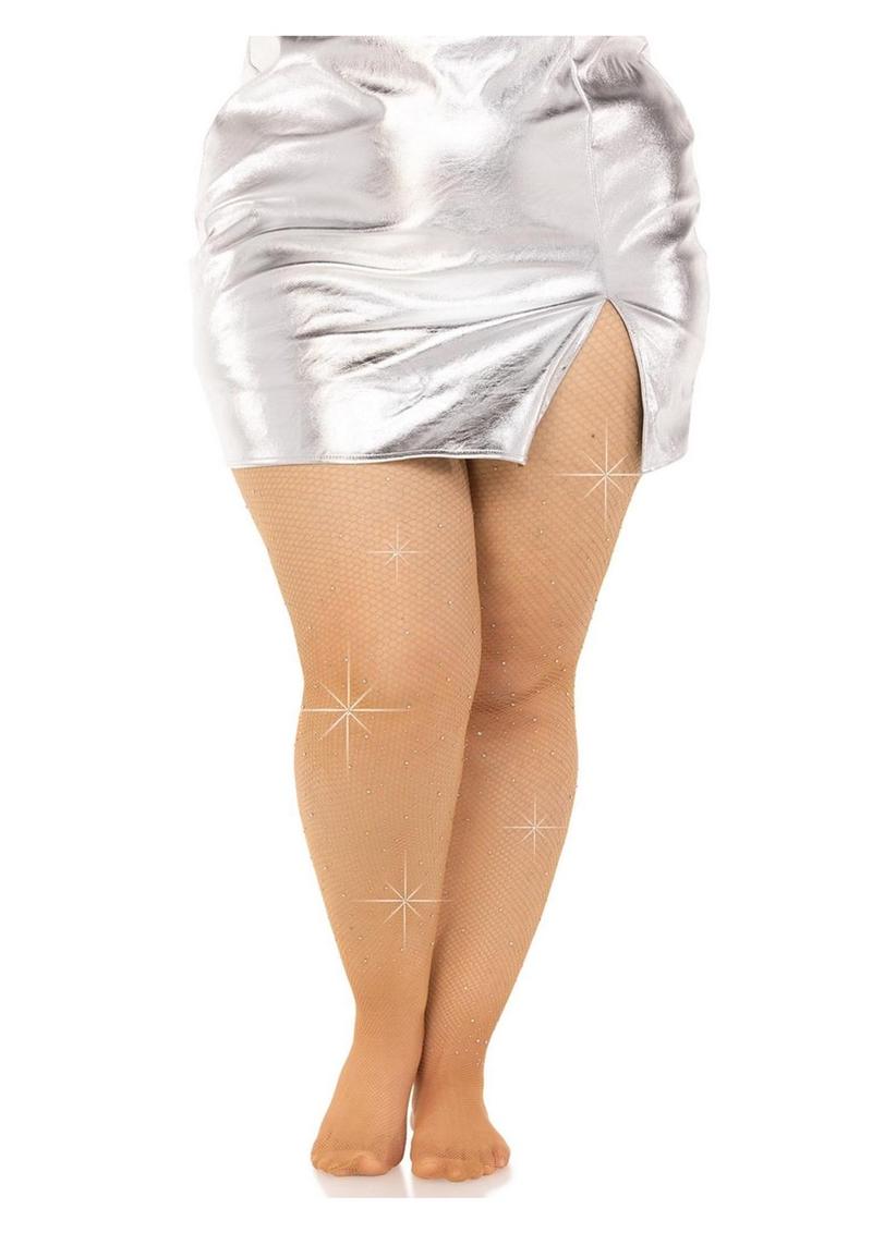 Leg Avenue Fishnet Crystalized Tights with Multi-Sized Iridescent Rhinestones - Plus Size