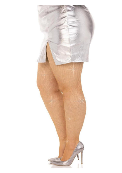 Leg Avenue Fishnet Crystalized Tights with Multi-Sized Iridescent Rhinestones - Plus Size