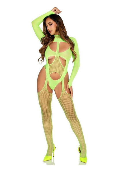 Leg Avenue Fishnet Halter Suspender Bodystocking and Layered Opaque Cut-Out Teddy 1