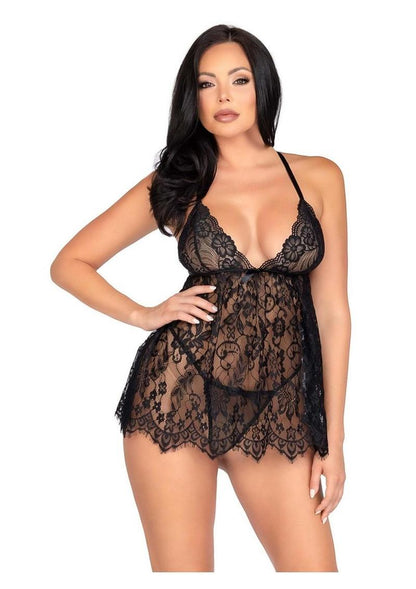 Leg Avenue Floral Lace Babydoll with Eyelash Lace Scalloped Hem Adjustable Cross-Over Straps and G-String Panty - Black - Medium