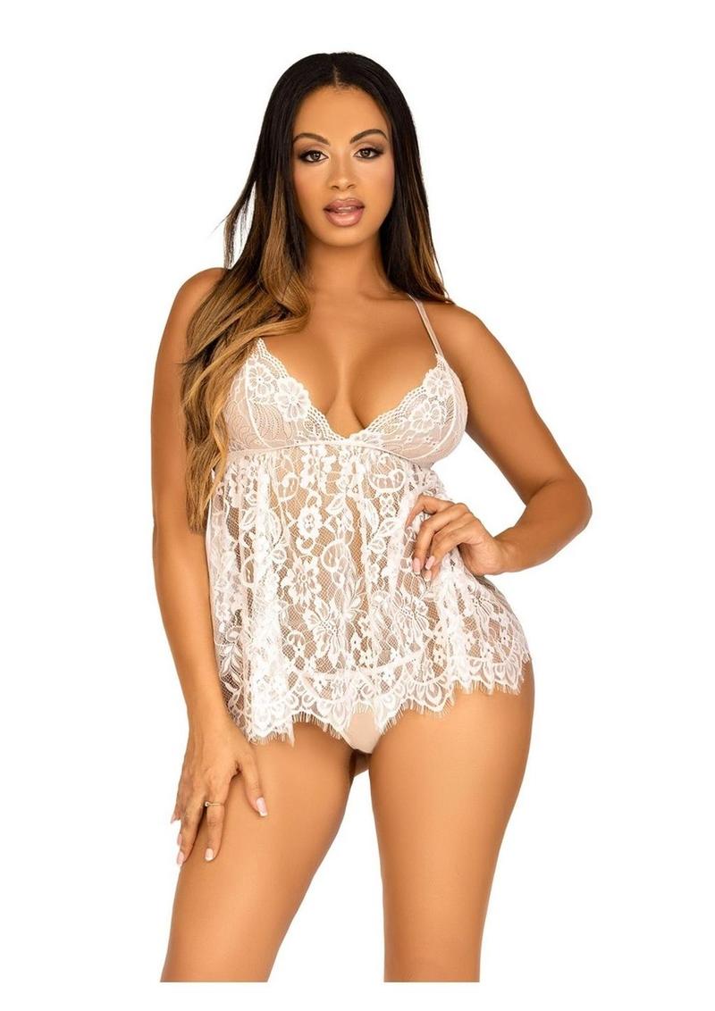 Leg Avenue Floral Lace Babydoll with Eyelash Lace Scalloped Hem Adjustable Cross-Over Straps and G-String Panty