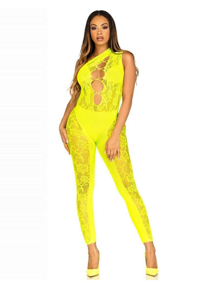 Leg Avenue Floral Lace Convertible Footless Bodystocking with Opaque Panel Detail - Neon Yellow/Yellow - One Size