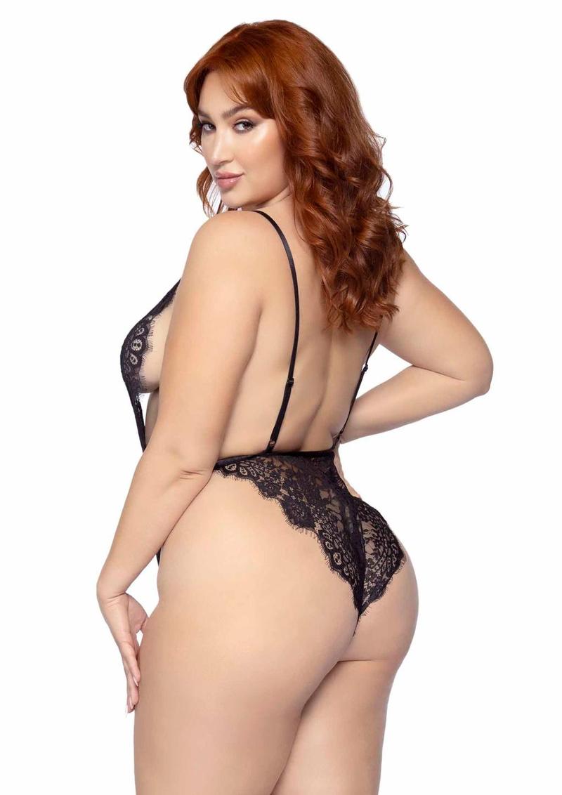 Leg Avenue Floral Lace Teddy with Adjustable Straps and Cheeky Thong Back, Matching Lace Robe with Scalloped Trim and Satin Tie - Black - Queen/XLarge/XXLarge - 3 Pieces