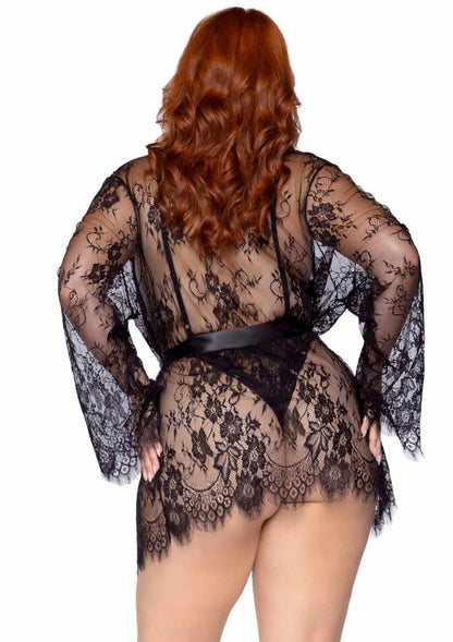 Leg Avenue Floral Lace Teddy with Adjustable Straps and Cheeky Thong Back, Matching Lace Robe with Scalloped Trim and Satin Tie