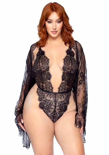 Leg Avenue Floral Lace Teddy with Adjustable Straps and Cheeky Thong Back, Matching Lace Robe with Scalloped Trim and Satin Tie - Black - Queen/XLarge/XXLarge - 3 Pieces