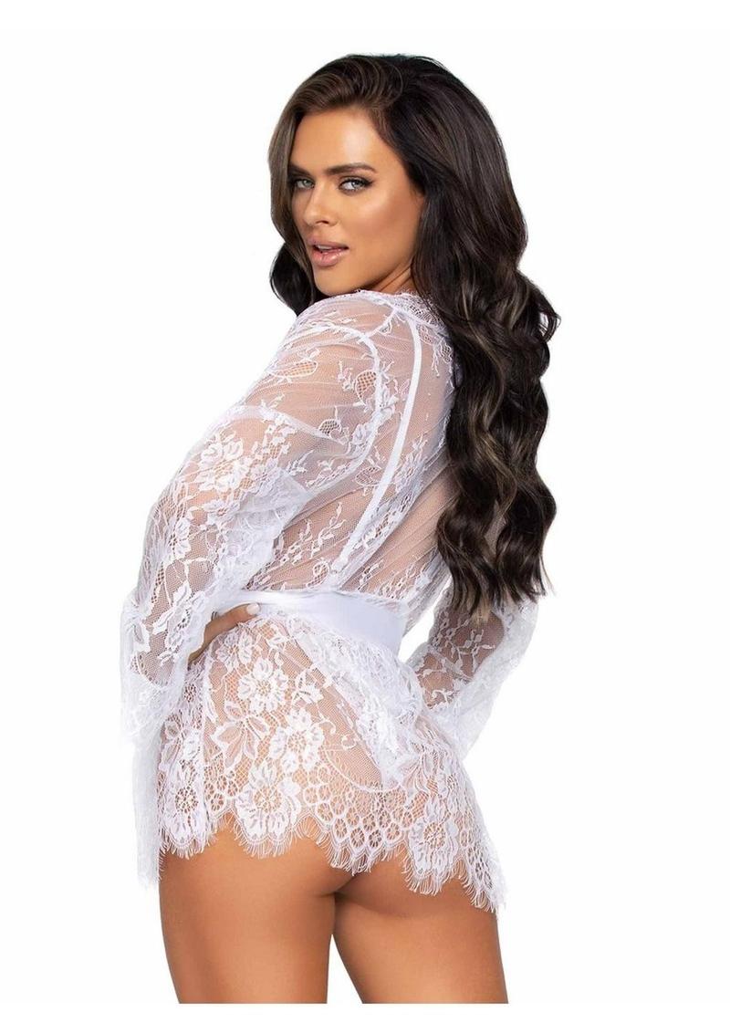 Leg Avenue Floral Lace Teddy with Adjustable Straps and Cheeky Thong Back Matching Lace Robe with Scalloped Trim and Satin Tie - White - Small