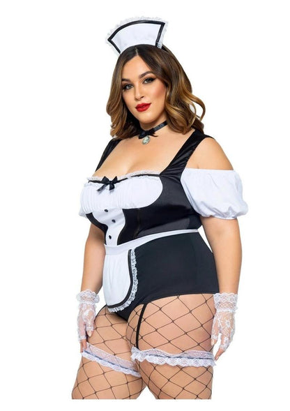 Leg Avenue Foxy Frenchie Garter Bodysuit with Attached Apron, Choker, and Hat Headband