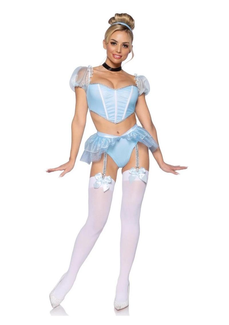 Leg Avenue Glass Slipper Cinderella Boned Sweetheart Crop Top with Organza Sleeves, Garter Panty with Shimmer Sheer Skirt, Ribbon Choker, and Matching Hair Band - Blue - Medium - 4 Piece