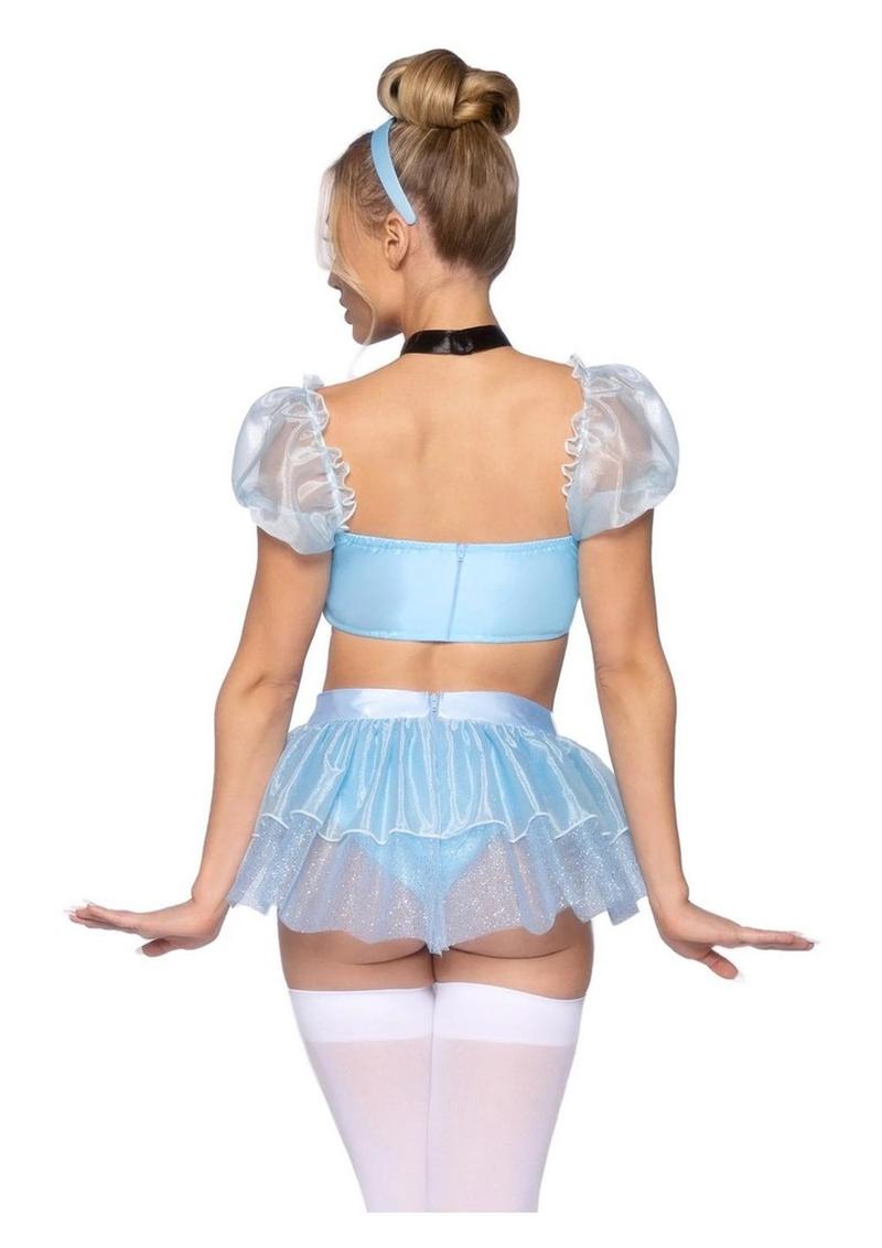 Leg Avenue Glass Slipper Cinderella Boned Sweetheart Crop Top with Organza Sleeves, Garter Panty with Shimmer Sheer Skirt, Ribbon Choker, and Matching Hair Band - Blue - Small - 4 Piece