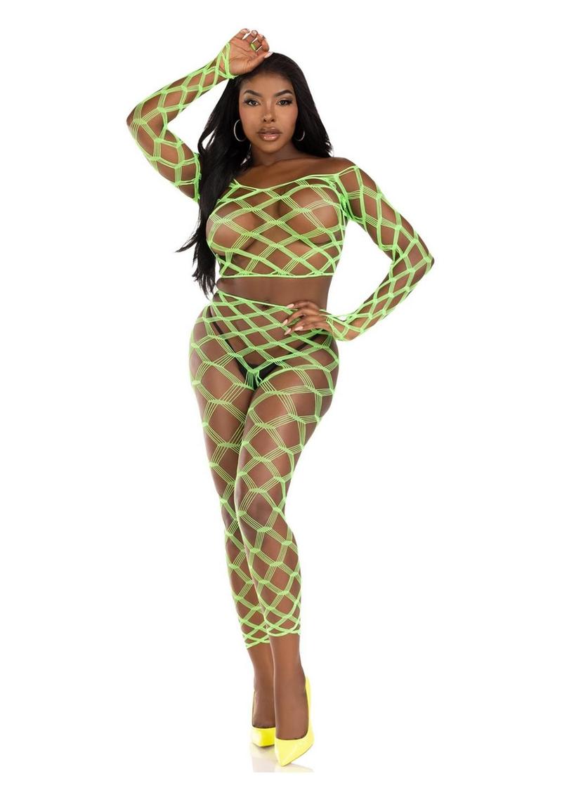 Leg Avenue Hardcore Net Crop Top and Footless Tights - Neon Green - One Size - 2 Piece
