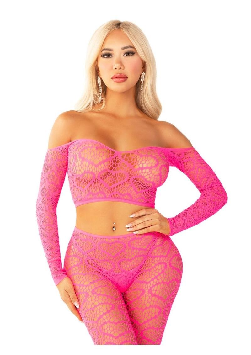 Leg Avenue Heart Net Off The Shoulder Crop Top and Footless Tights