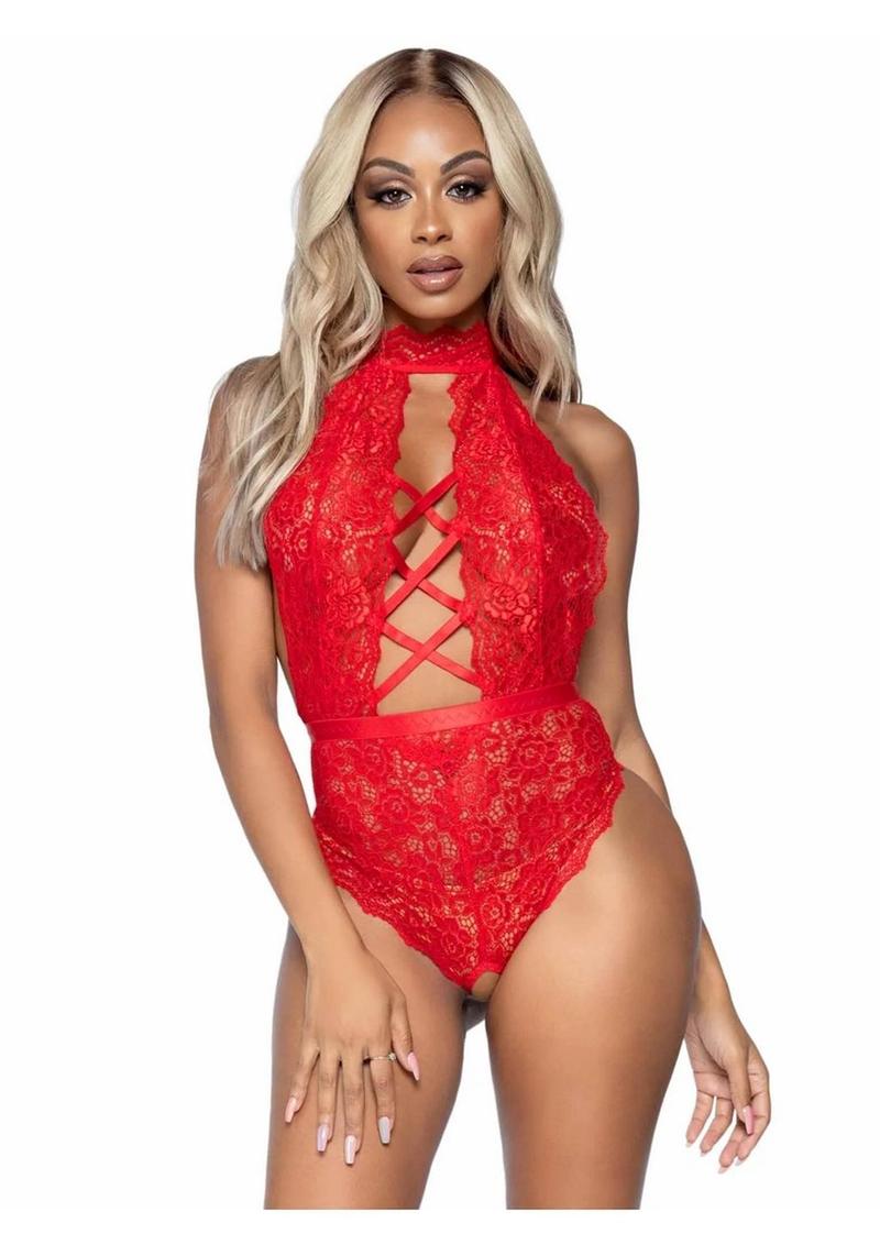 Leg Avenue High Neck Floral Lace Backless Teddy with Lace Up Accents and Crotchless Thong Panty