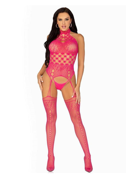 Leg Avenue High Neck Halter Hardcore Net and Lace Suspender Bodystocking