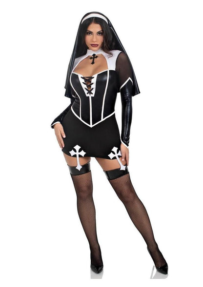 Leg Avenue Holy Hottie Set Boned Garter Dress with Cross Accents and Nun Habit - Black/White - XSmall - 2 Piece