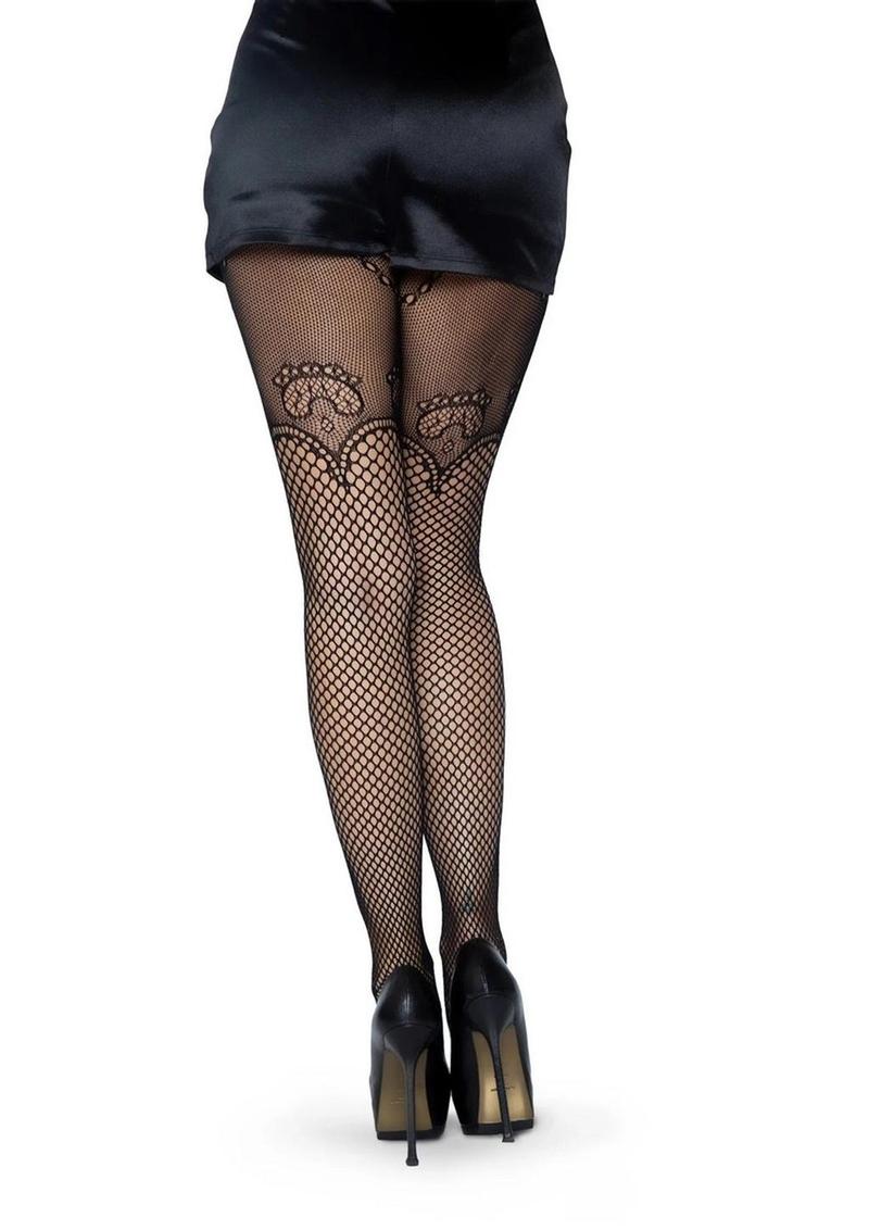 Leg Avenue Industrial Net Suspender Hose with Duchess Lace Top Accent