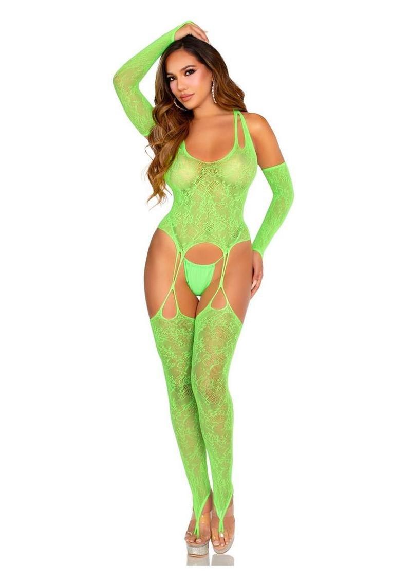 Leg Avenue Lace Halter Footless Cami Garter with Attached Toe Loop Stockings and Arm Warmers 2
