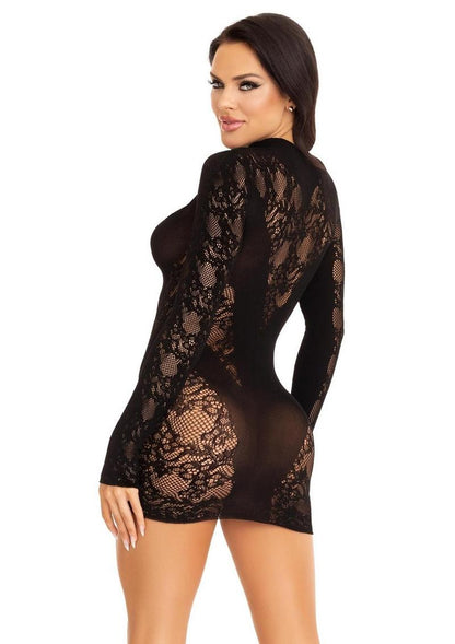 Leg Avenue Lace Keyhole Mini Dress with Opaque Panel Detailing and Gloved Sleeves