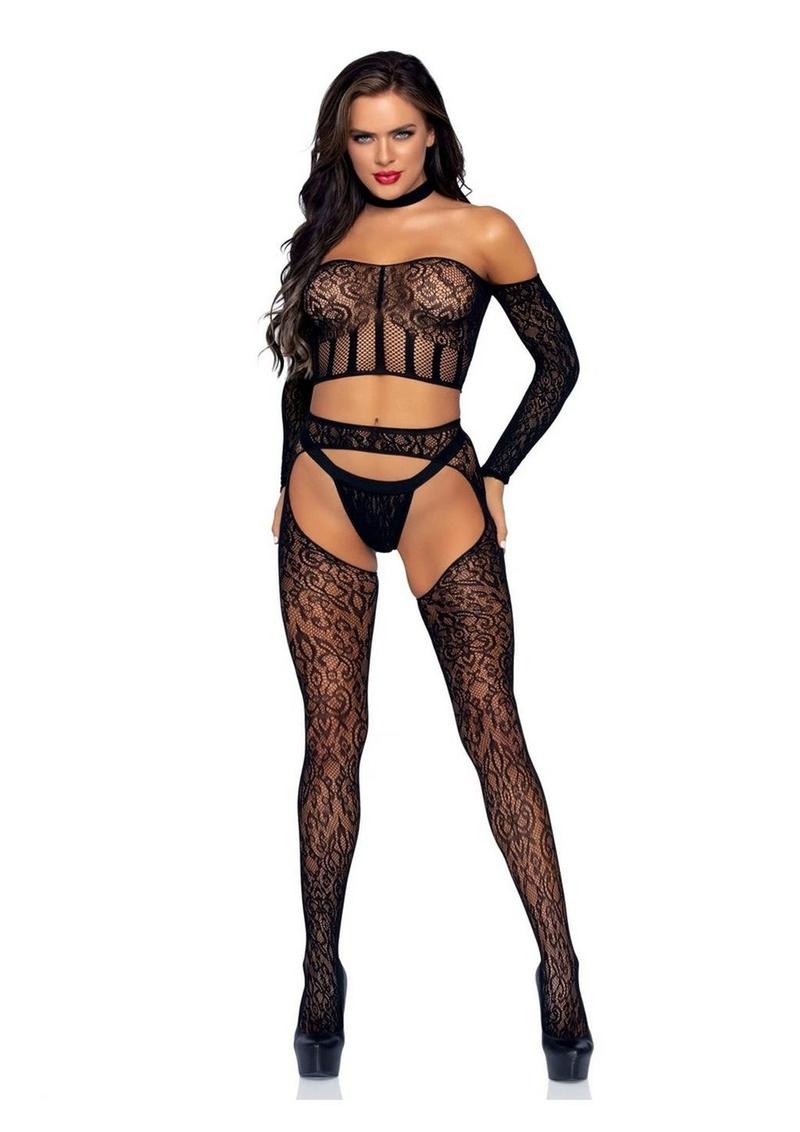 Leg Avenue Lace Long Sleeve Halter Choker Crop Top, Lace Suspender Hose, and G-String - Black - One Size - 3 Piece