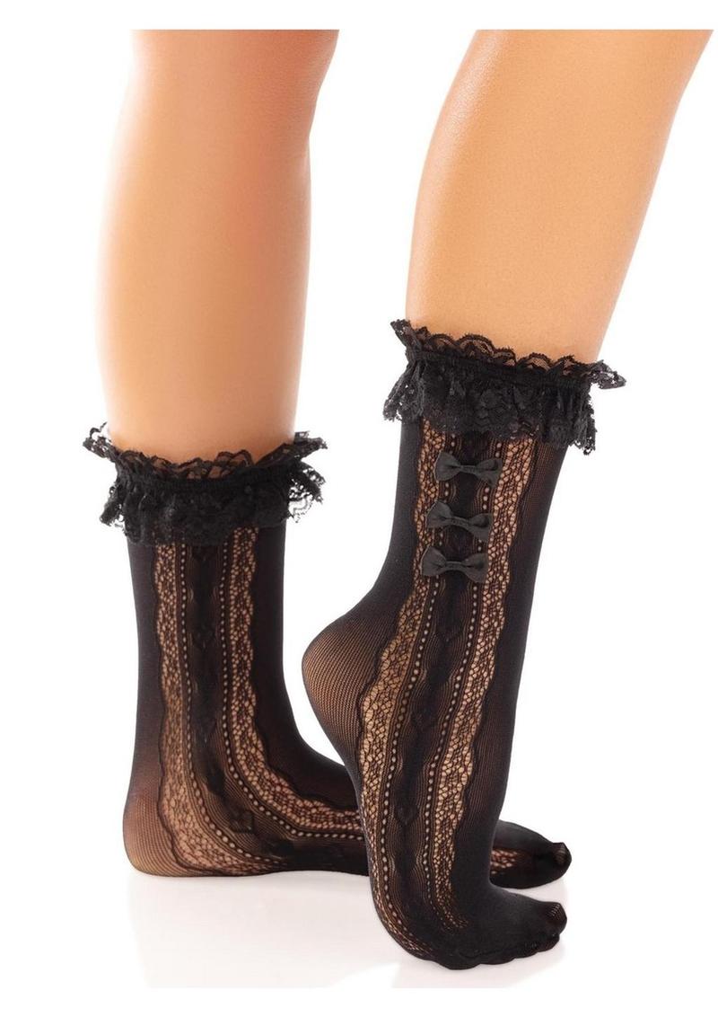 Leg Avenue Lace Ruffle Nylon Anklet with Mini Bow and Heart Accents - Black - One Size