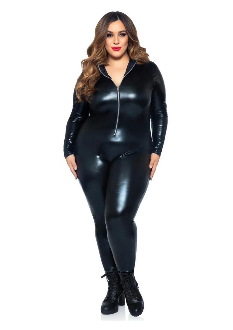 Leg Avenue Lame Zipper Front Cat Suit - Black - 3XLarge/4XLarge