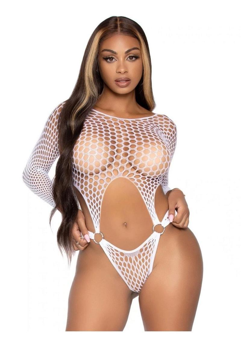 Leg Avenue Long Sleeve Pothole Suspender Top Bodysuit with Thong Back and O-Ring Detail