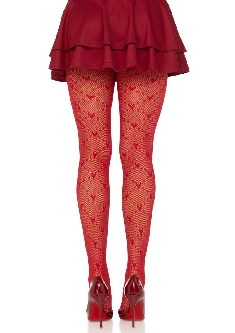 Leg Avenue Love Struck Heart Net Tights - Red - One Size