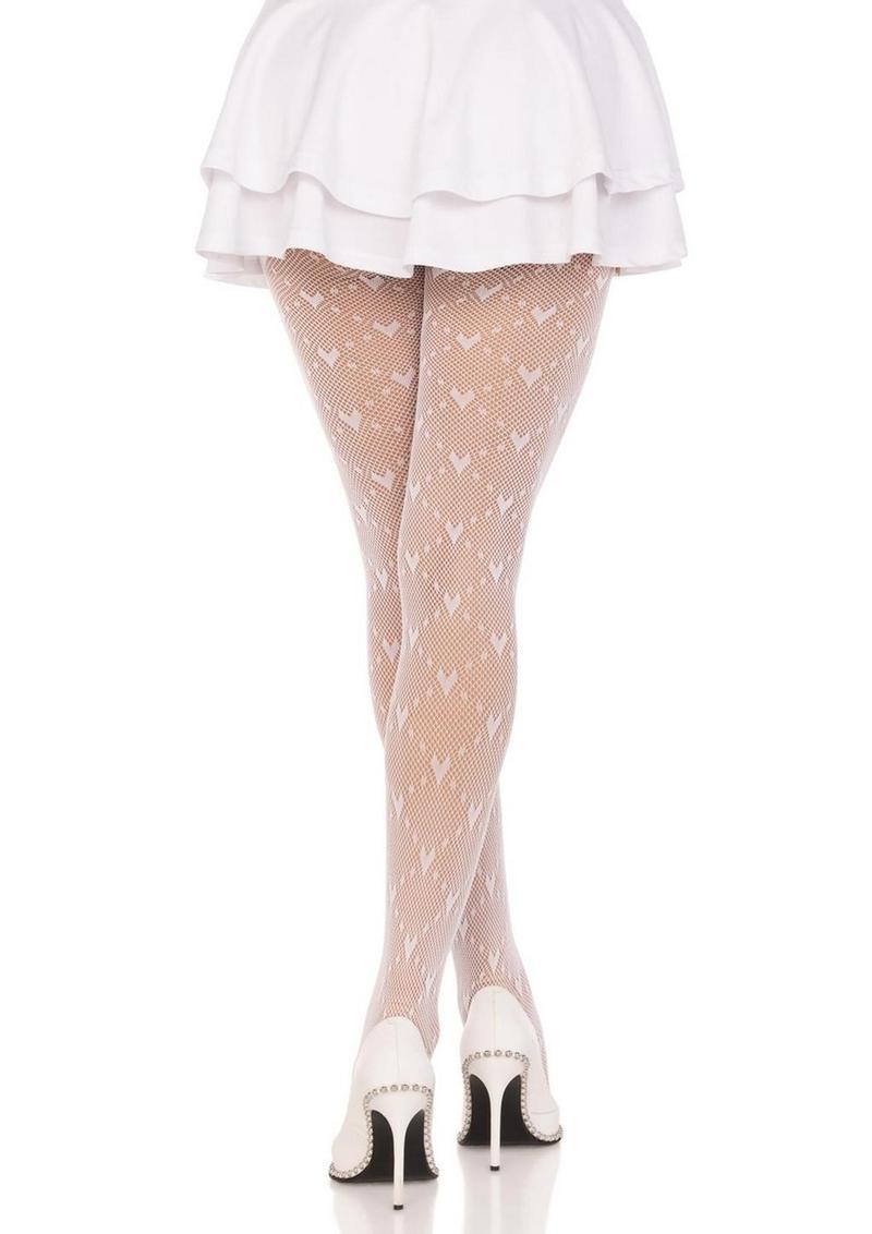 Leg Avenue Love Struck Heart Net Tights - White - One Size