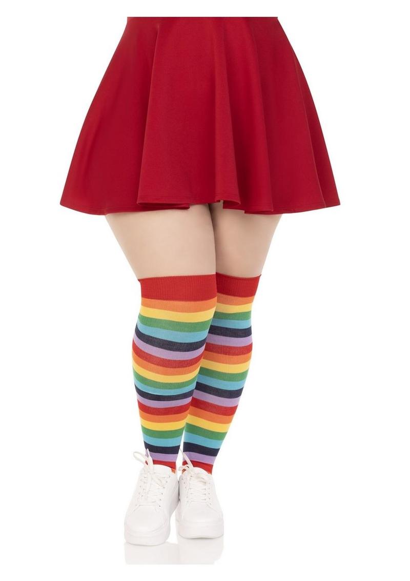 Spandex Acrylic Rainbow Striped Thigh Highs - 1x-2x