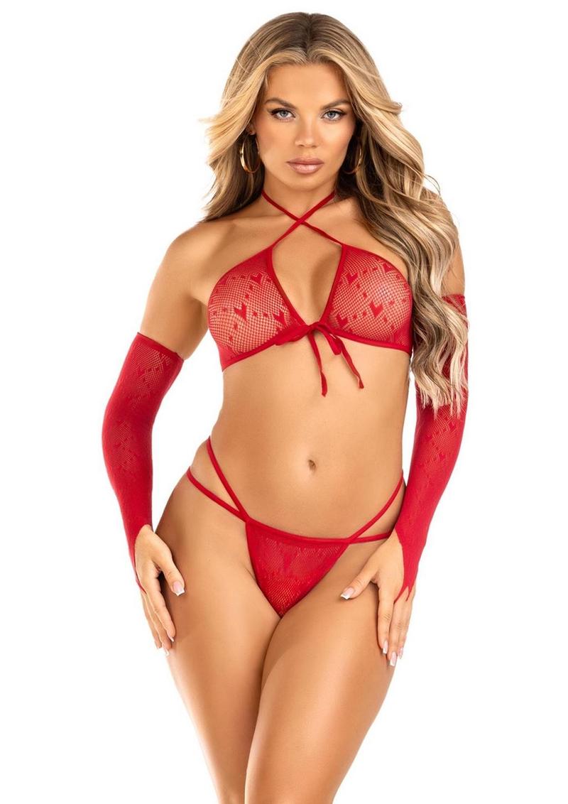 Leg Avenue Mini Heart Net Keyhole Crossover Crop Top, Dual Strap G-String, and Gauntlet Gloves