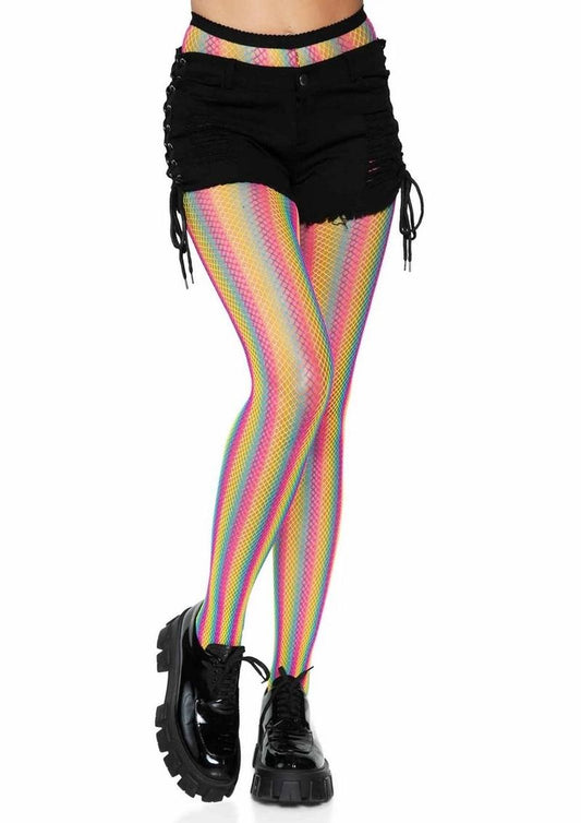 Leg Avenue Neon Rainbow Striped Fishnet Pantyhose - Multicolor - One Size