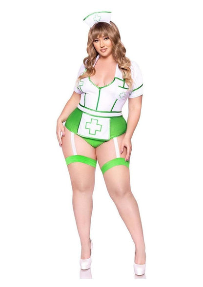 Leg Avenue Nurse Feelgood Snap Crotch Garter Bodysuit with Attached Apron and Hat Headband - Green/White - 3XLarge/4XLarge/Queen - 2 Piece