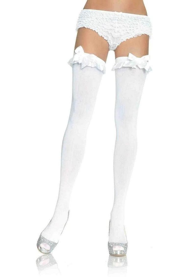 Leg Avenue Nylon Over The Knee with Ruffle Bow - White - One Size