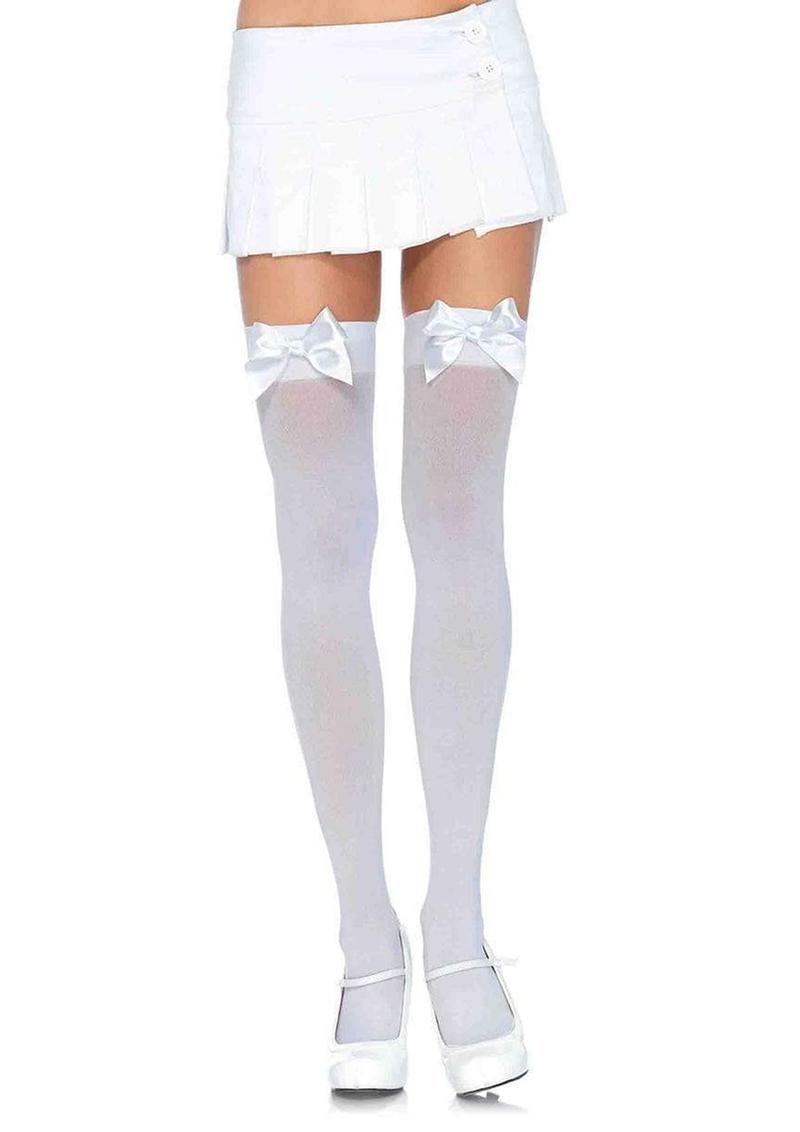 Leg Avenue Nylon Thigh High with Bow - White - Plus Size/Queen