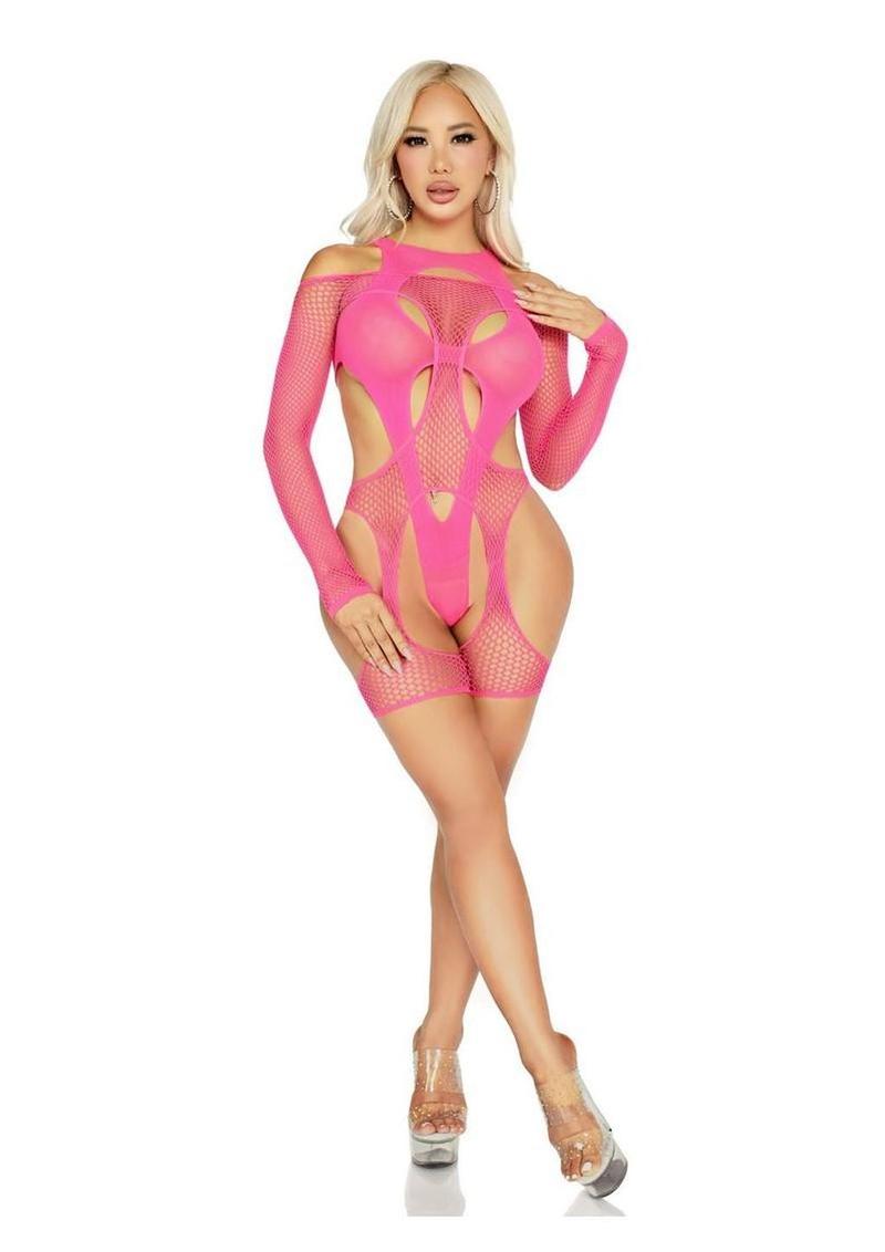 Leg Avenue Off The Shoulder Fishnet Garter Harness And Layered Opaque Cut Out Teddy 2
