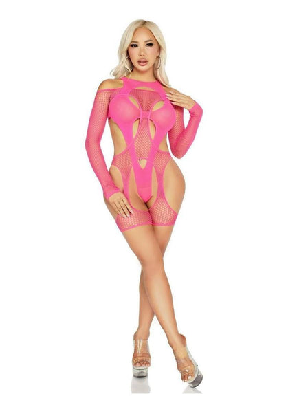 Leg Avenue Off The Shoulder Fishnet Garter Harness And Layered Opaque Cut Out Teddy 2