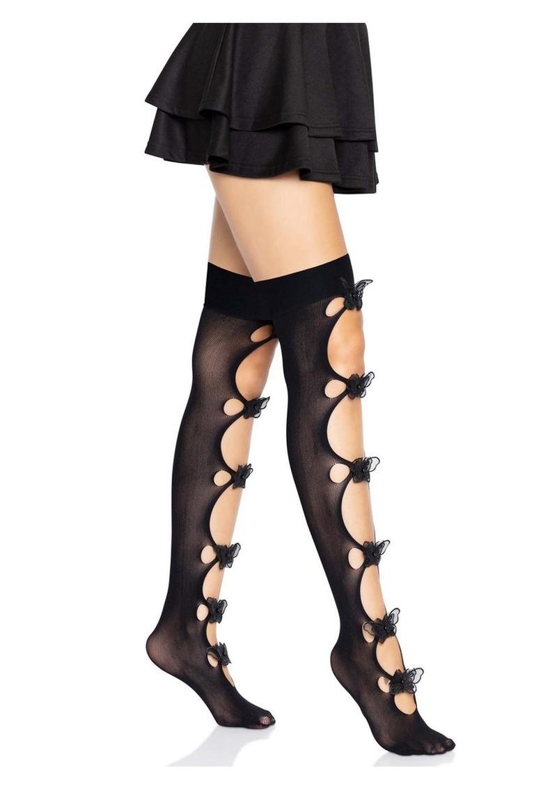 Leg Avenue Opaque Net Cut-Out Butterfly Applique Thigh Highs - Black - One Size