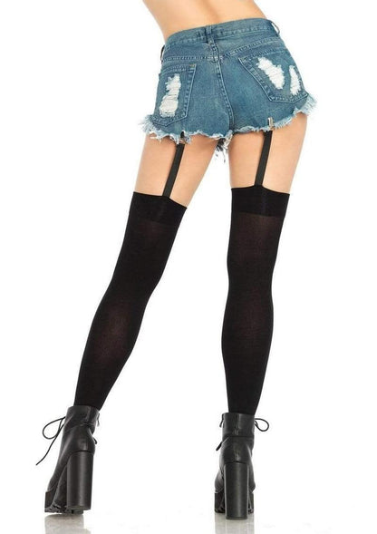 Leg Avenue Opaque Thigh Highs with Attached Clip Garter - Black - One Size