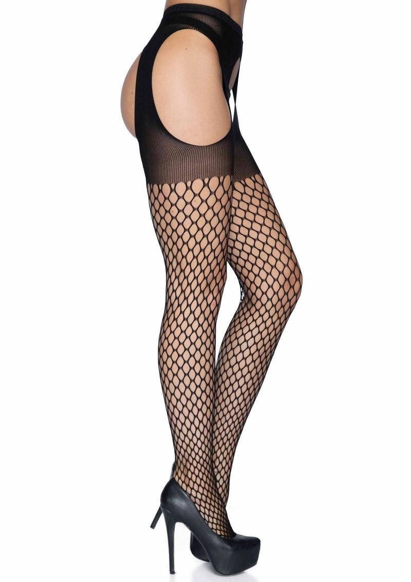 Leg Avenue Oval Net Suspender Hose with Opaque Top - Black - One Size